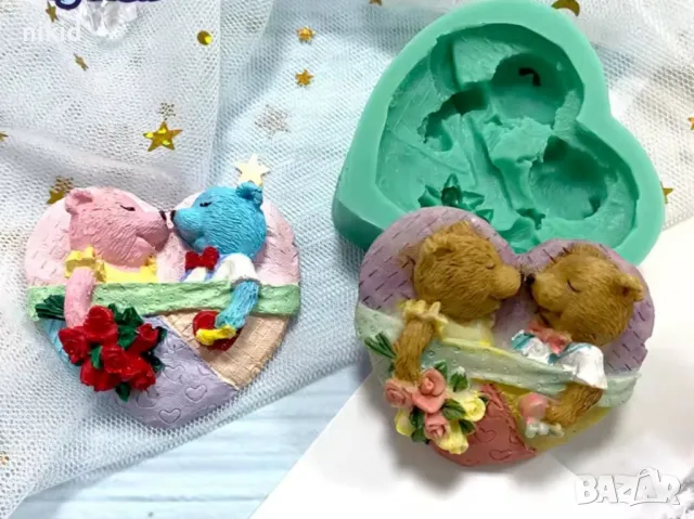 мечета мече младоженци в сърце сватбен силиконов молд форма фондан шоколад гипс декор