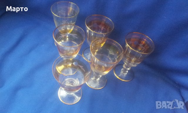 Комплект 6 чаши, калиево стъкло, златни кантове, ръчна гравюра, снимка 4 - Чаши - 36869395