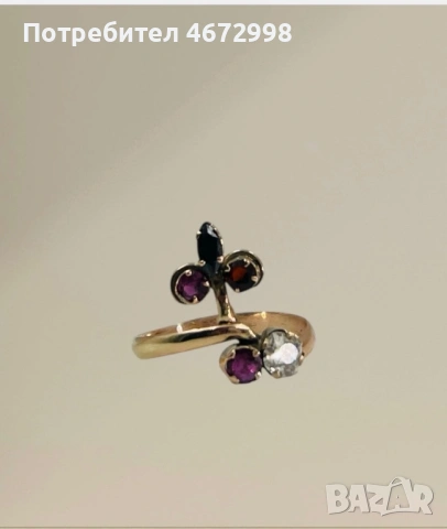 Златен пръстен със диамант, сапфир, рубин и аматист