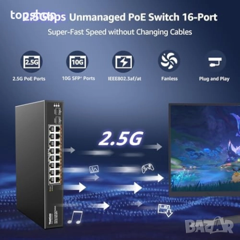Чисто нов 2.5G 18-портов неуправляем PoE комутатор YuanLey, 16 Base-T 2.5G PoE порта, 2 x 10G SFP+.., снимка 2 - Други стоки за дома - 52906058