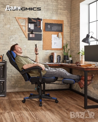 Геймърски стол с телескопична поставка за крака, регулируем, ергономична облегалка, лумбална опора S, снимка 5 - Столове - 51986710