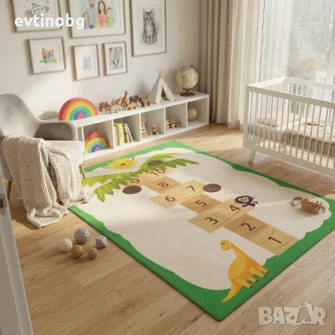 Детски килим "Дино Приключение" 120х160см – Бял с Динозавър и игра Дама-Палма, Противоплъзгащ и Миещ, снимка 5 - Други - 53881768