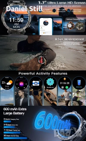 Водоустойчив Мъжки Смарт Часовник с Фенерче 600mAh Голяма Батерия4.32см Голям HD Дисплей