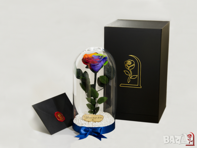 Нестандартен Подарък за Жена / Шарена-Рейнбол Вечна Роза в Голяма Стъкленица / Подарък за Годишнина, снимка 2 - Декорация за дома - 36455173