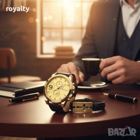 Мъжки комплект Geduo – елегантен часовник със златист циферблат и кожена гривна в подаръчна кутия, снимка 7 - Бижутерийни комплекти - 52122305