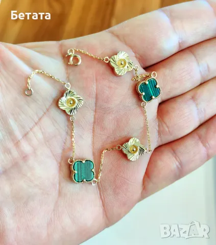 Гривна Ван Клиф с пет детелини, златна гривна с 5 детелини, 14 карата злато, снимка 3 - Гривни - 48115375