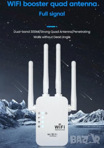 Wireless Repeater WIFI Signal Booster Amplifier Wi-Fi Long Range Extender 4x Antennas 20 dBm (EiRP), снимка 2 - Рутери - 44325894