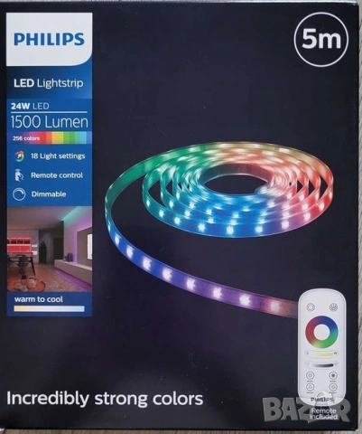 НОВА LED лента Philips 5м RGB 24W 1500lm – с дистанционно и режими, снимка 5 - Лед осветление - 53930151