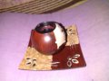 Дървен свещник в дървена чиния инкрустирана ръчна изработка, снимка 1 - Декорация за дома - 34015262