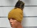Нова зимна дамска шапка с камъчета отпред и с пух/помпон в цвят горчица, снимка 5