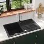 vidaXL Гранитна кухненска мивка с корито и отцедник, черна, две монт. позиции, снимка 2