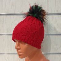 Нова зимна дамска червена шапка с шарен помпон/пух, снимка 1 - Шапки - 35478427
