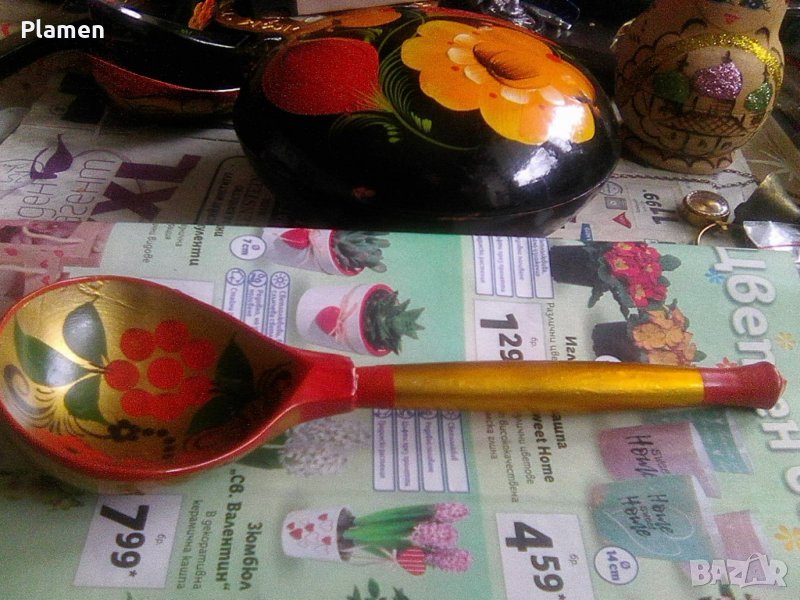 Рисувана руска дървена лъжица Хохлома, снимка 1