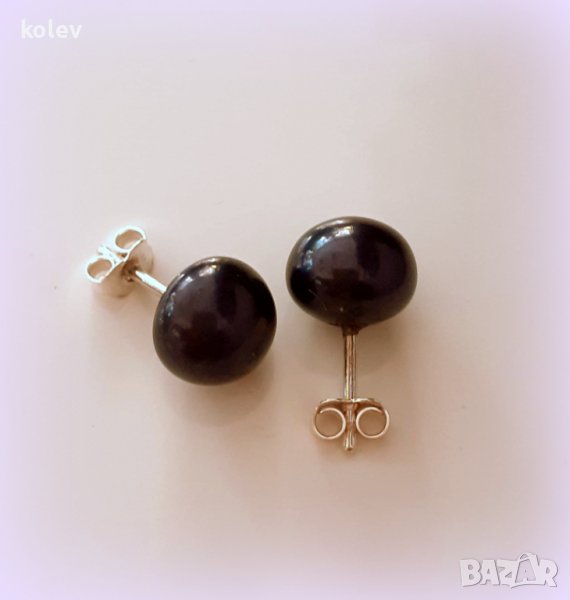 сребърни обеци с черна перла 10мм (синтетична) на щифт, снимка 1