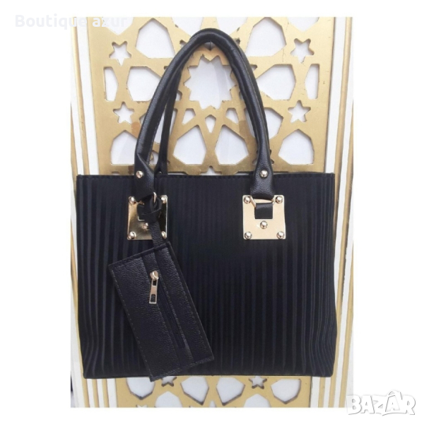 Луксозна дамска чанта от ест. к. със златисти метални елементи в комплект с портмоне 36/26 см, снимка 1