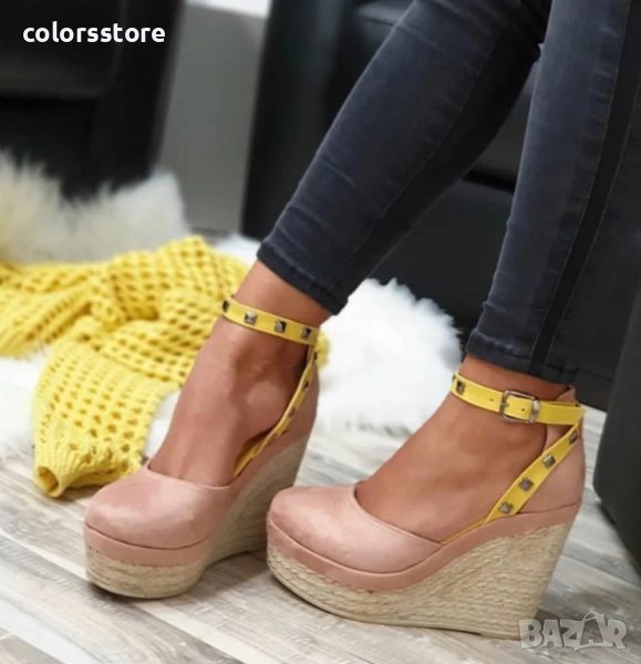 Сандали на платформа - пудра велур с жълта каишка - S33, снимка 1
