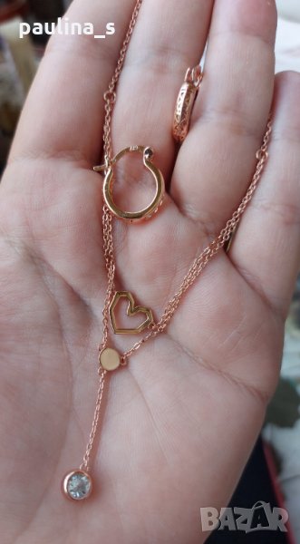 Сребърен комплект s925 / Колие(чокър) и обеци / с баня от розово злато - 585, снимка 1