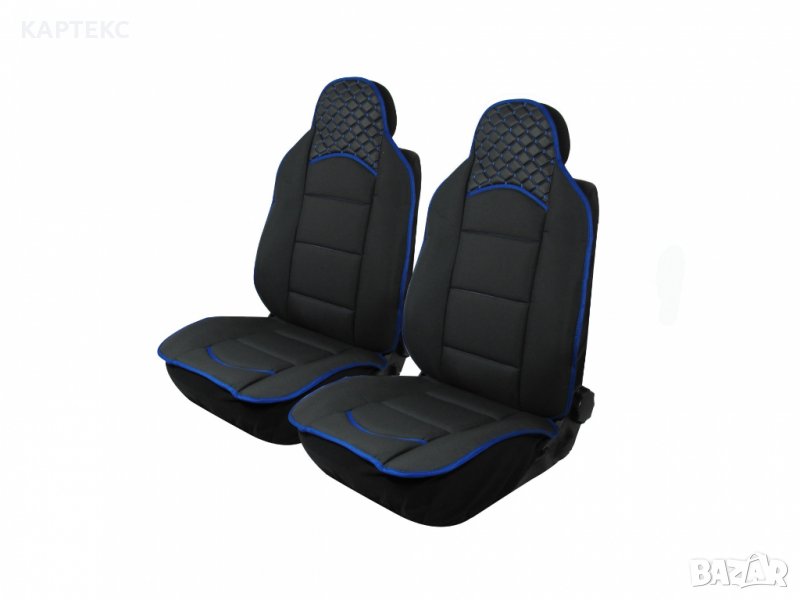  Комплект универсални калъфи тип масажор за предни седалки - черно със син конец- Еко Кожа и Текстил, снимка 1