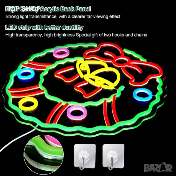 Коледен венец FITNATE LED неонова табела—празнична украса, 5 нива на яркост, USB захранване, снимка 1