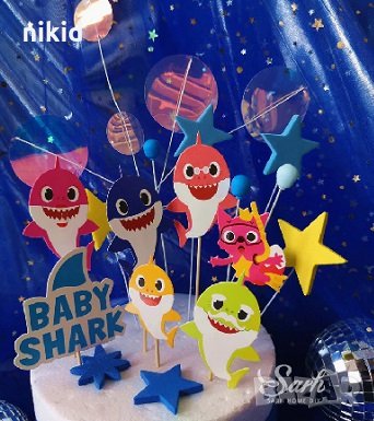  сет Бебе Акули Baby Shark картонени топери украса за торта рожден ден, снимка 1