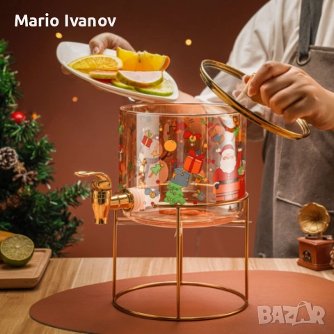 Стъклен диспенсър за напитки 2.6 L с коледен дизайн и златиста стойка, снимка 4 - Други стоки за дома - 52847235