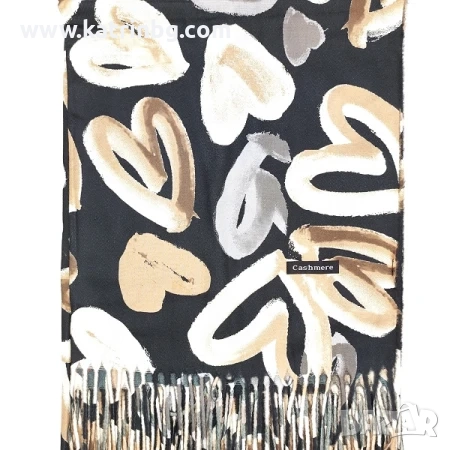 Луксозен дамски шал в черно с бежови сърца Код на продукта:sh-15-2