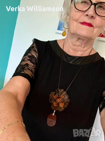 Кафяво колие с голям ахат и кожено цвете модел 90, снимка 3 - Колиета, медальони, синджири - 52515083