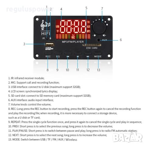 МП 3 плеър аудио модул за вграждане KEBIDU 2 x 50W Bluetooth 5.0, DC 7V-22V, 1A-4A, папки, Фм, AUX, , снимка 4 - Аудиосистеми - 40549908