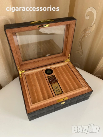 Хумидор за 50 пури – кедър, кожа, стъкло, дигитален хигрометър, снимка 6 - Табакери - 54061129
