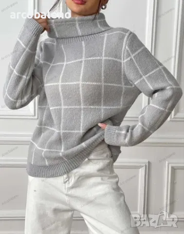 Дамски контрастен кариран пуловер с висока яка, 4цвята , снимка 3 - Блузи с дълъг ръкав и пуловери - 47979369