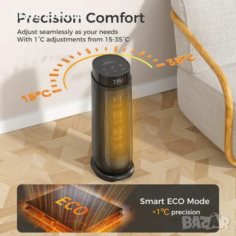 Електрически отоплител 2000W с PTC нагревател, ECO режим, дистанционно и 90° осцилация, снимка 4 - Отоплителни печки - 55831951