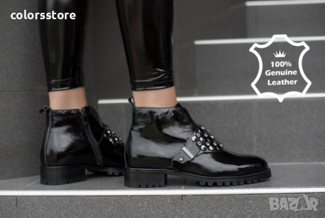  Равни боти - черен ЕСТЕСТВЕН лак - 989A-5-T128, снимка 3 - Дамски боти - 37733451