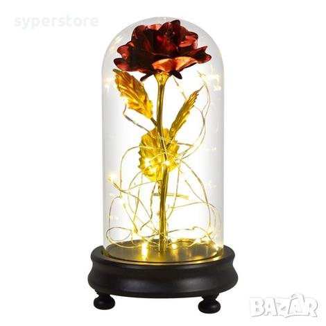 Подаръчен комплект Роза златиста светеща SS000169 под стъклен капак