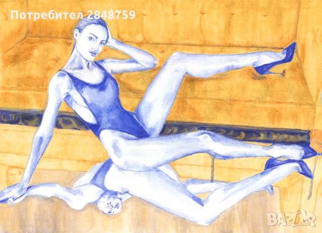 Мечта в синьо, картина, акварел и златен акрил, 76/56 , снимка 2 - Картини - 30594985