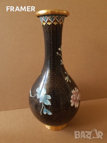 Красива 19ти век Китайска Клазоне бронзова клетъчен емайл ваза, снимка 6 - Вази - 42262468