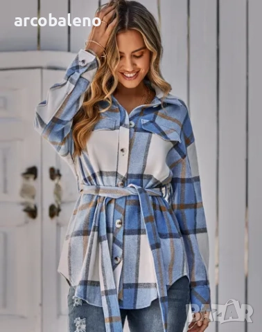 Дамско ежедневно карирано яке с колан, снимка 3 - Якета - 51884154