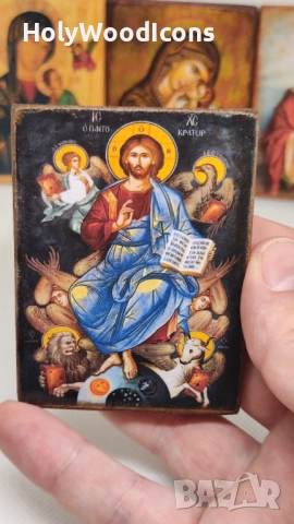 Икона Христос Пантократор с евангелистите – дървена икона с магнит 8x6см, снимка 4 - Икони - 52867194