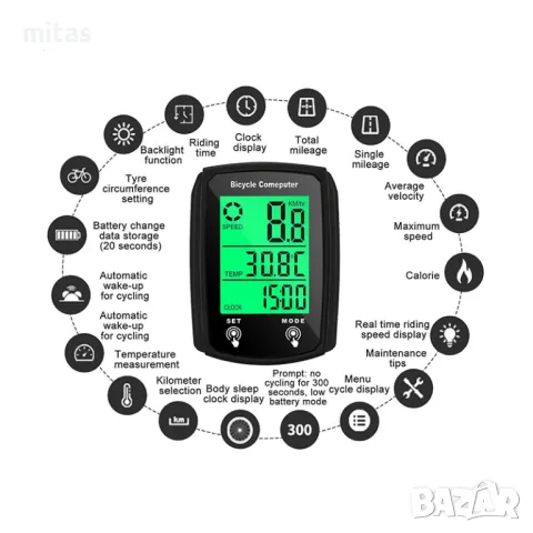 Велокомпютър с 19 функции, Водоустойчив, LED подсветка, 60х45мм