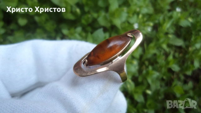 Златен руски СССР пръстен с натурален кехлибар, снимка 5 - Пръстени - 54127852