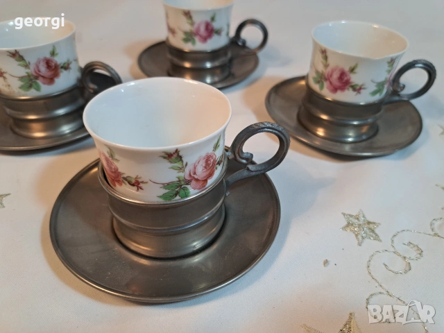 четири немски порцеланови чаши Gerold porzellan с калаени подстакани и чинийки 32/3, снимка 2 - Чаши - 53154986