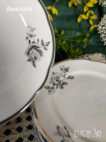 Черно/сива роза и платинен кант Cmielow Poland ! Стил! , снимка 8 - Чинии - 54156528