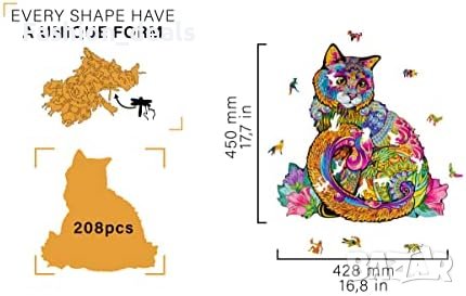 Нов Уникален Дървен Пъзел Котка WOODVIO - Подарък за Любознателни, снимка 2 - Настолни игри - 42835430