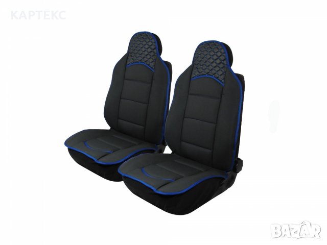  Комплект универсални калъфи тип масажор за предни седалки - черно със син конец- Еко Кожа и Текстил