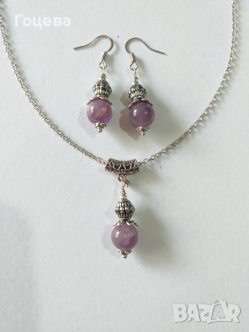 Разкошен комплект обици и колие със скъпоценни камъни Аметист и орнаменти в цвят Сребро , снимка 4 - Бижутерийни комплекти - 37440805