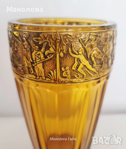 Антикварна ваза от кехлибарено стъкло със златен фриз от August Walther & Sons AG в стил Art Deco, снимка 2 - Други ценни предмети - 52285464