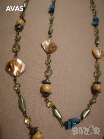 Нов двуредов гердан седеф зелено синьо жълто, снимка 2 - Колиета, медальони, синджири - 36694714