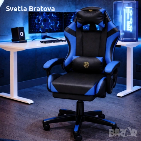 Ергономичен геймърски стол с масажна функция и поставка за крака – черно-син, снимка 4 - Столове - 53987578