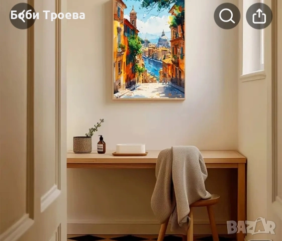 Италиански пейзаж-средиземноморска сцена с червени тухлени къщи, лодки и цветя, снимка 3 - Картини - 53035710