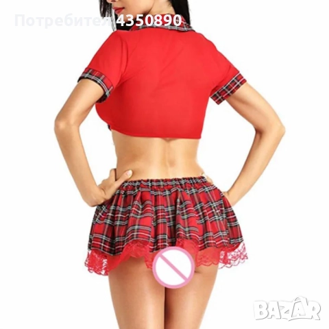 Еротичен костюм на ученичка/студентка в червен цвят от две части - Код: 925, снимка 4 - Бельо - 51988763