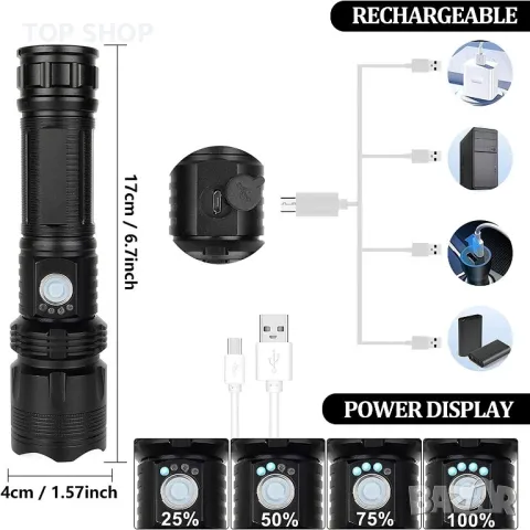 Ново мощно LED фенерче USB акумулаторно 5 режима за къмпинг туризъм, снимка 5 - Къмпинг осветление - 49657642